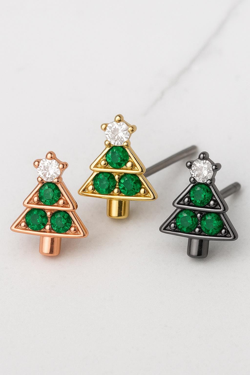 Sterling Silver 925 Christmas Tree Stud Earrings: Green & white CZ Gemstone Holiday Jewelry