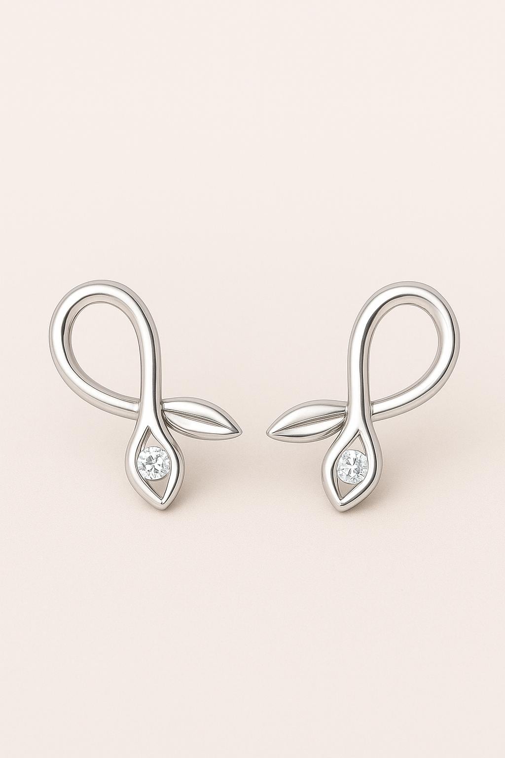 Sterling Silver Infinity Leaf Stud Earrings: Moissanite Stone Dainty Jewelry