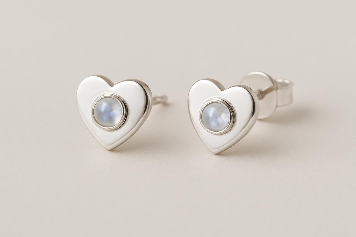 Sterling Silver Heart Moonstone Stud Earrings: Dainty Gemstone Jewelry
