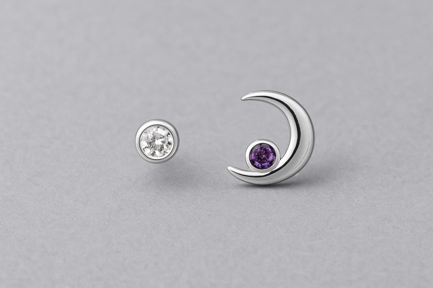 Amethyst Crescent Moon Stud Earrings: Sterling Silver Celestial Jewelry