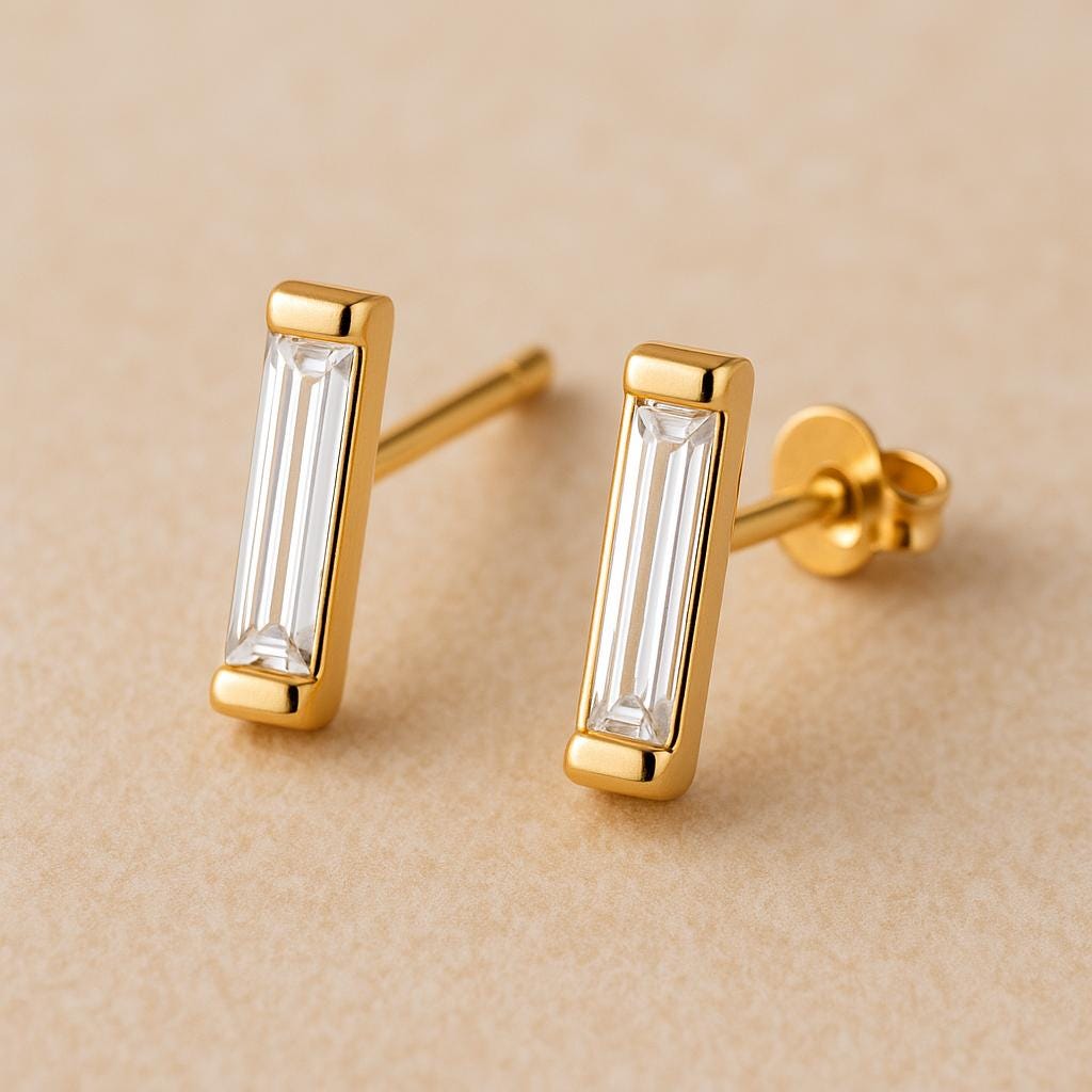 Sterling Silver Baguette CZ Bar Stud Earrings: Dainty Minimalist Jewelry