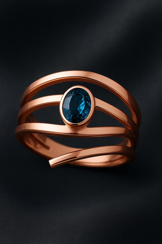 Sterling Silver London Blue Topaz Ring – Oval Bezel Set Wrap Shank Modern Statement Jewelry