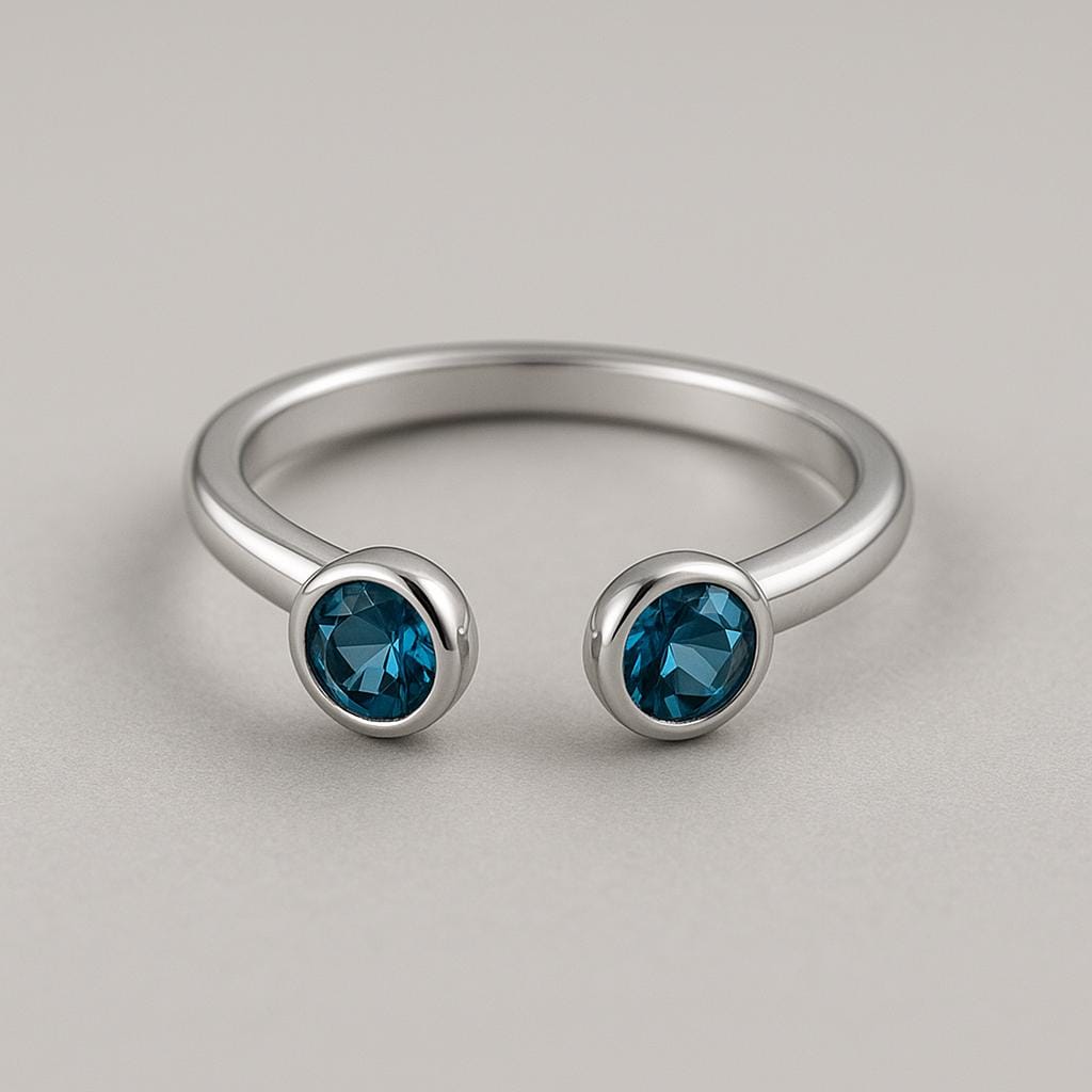Sterling Silver London Blue Topaz Open Ring – Round Cut Bezel Set Adjustable Gift Jewelry