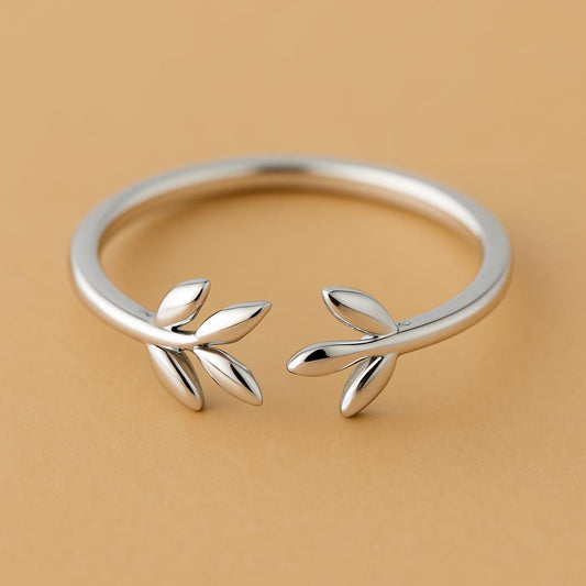 Sterling Silver Leaf Ring: Adjustable Open Band Minimalist Jewelry