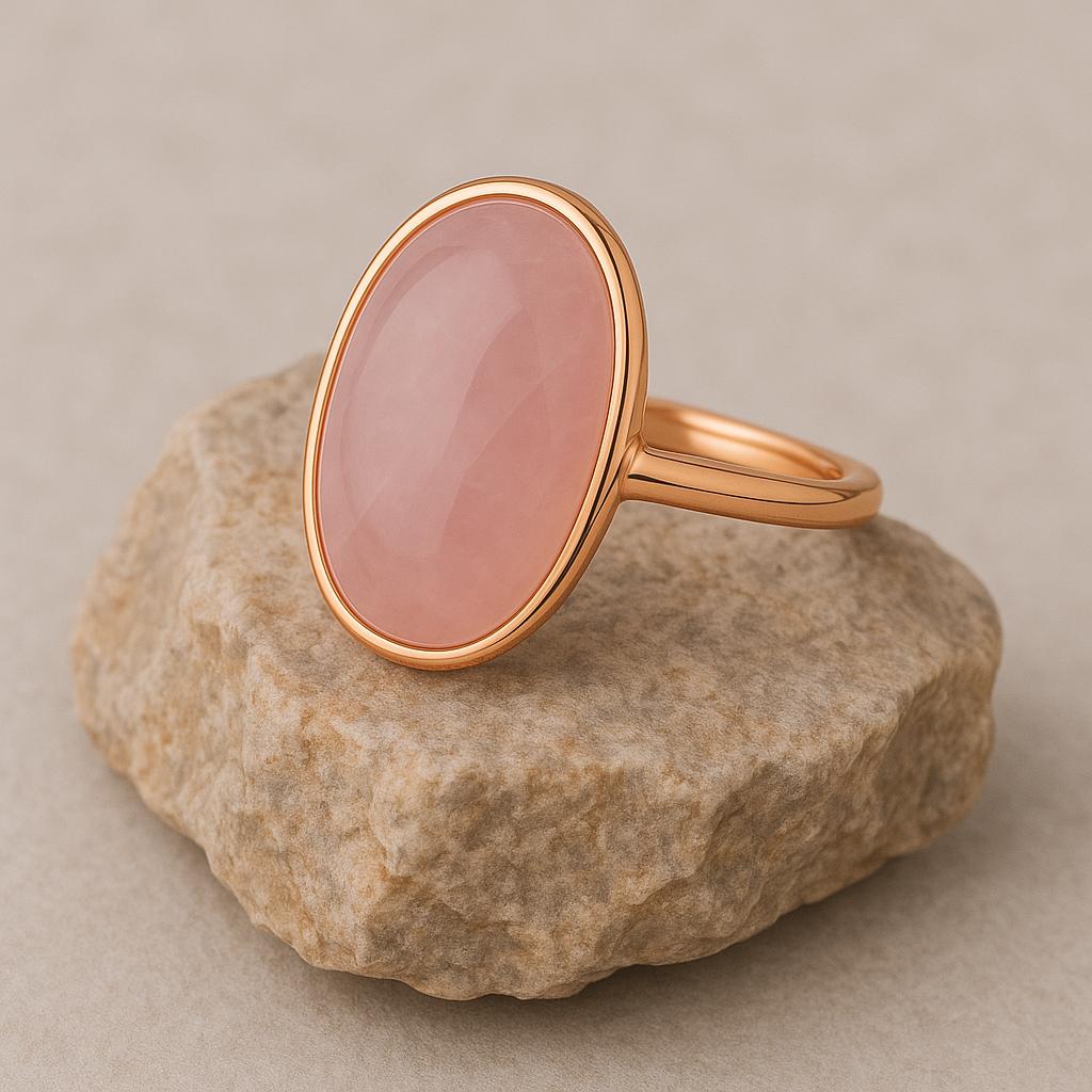 Rose Quartz Oval Ring: Rose Gold Plated 925 Sterling Silver