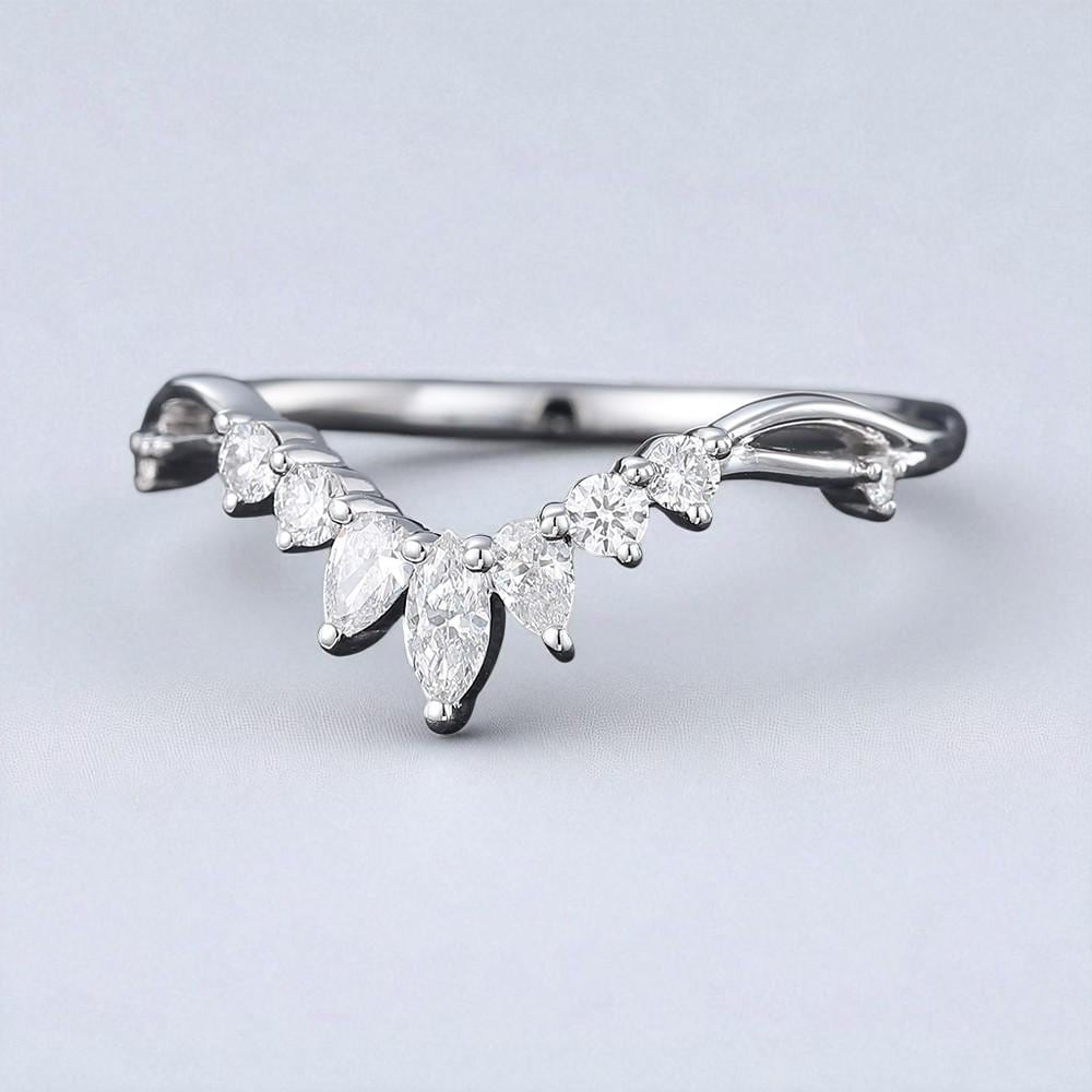 925 Silver CZ Chevron V Shaped Ring – Dainty Marquise Cut Stacking Wedding Band