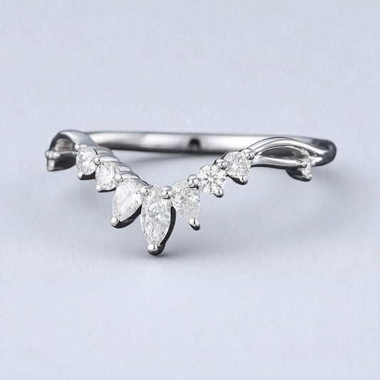 925 Silver CZ Chevron V Shaped Ring – Dainty Marquise Cut Stacking Wedding Band