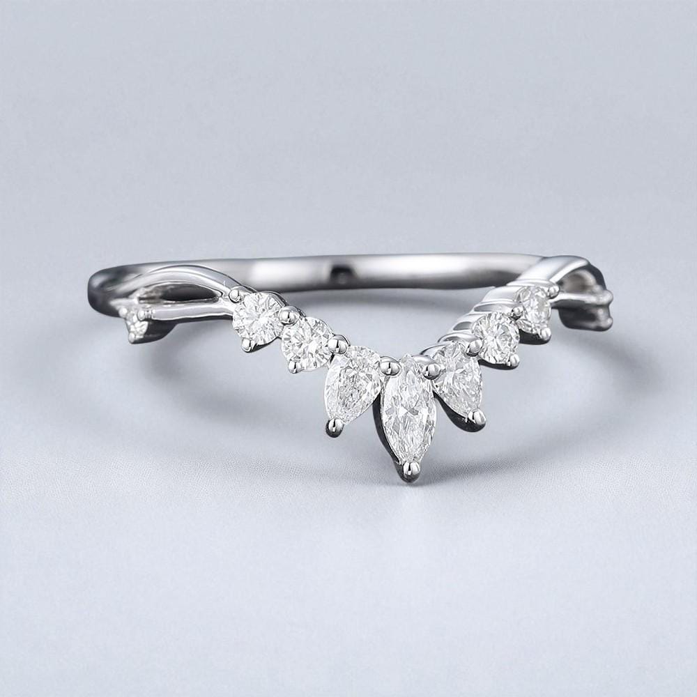 925 Silver CZ Chevron V Shaped Ring – Dainty Marquise Cut Stacking Wedding Band