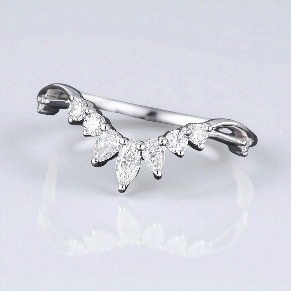925 Silver CZ Chevron V Shaped Ring – Dainty Marquise Cut Stacking Wedding Band
