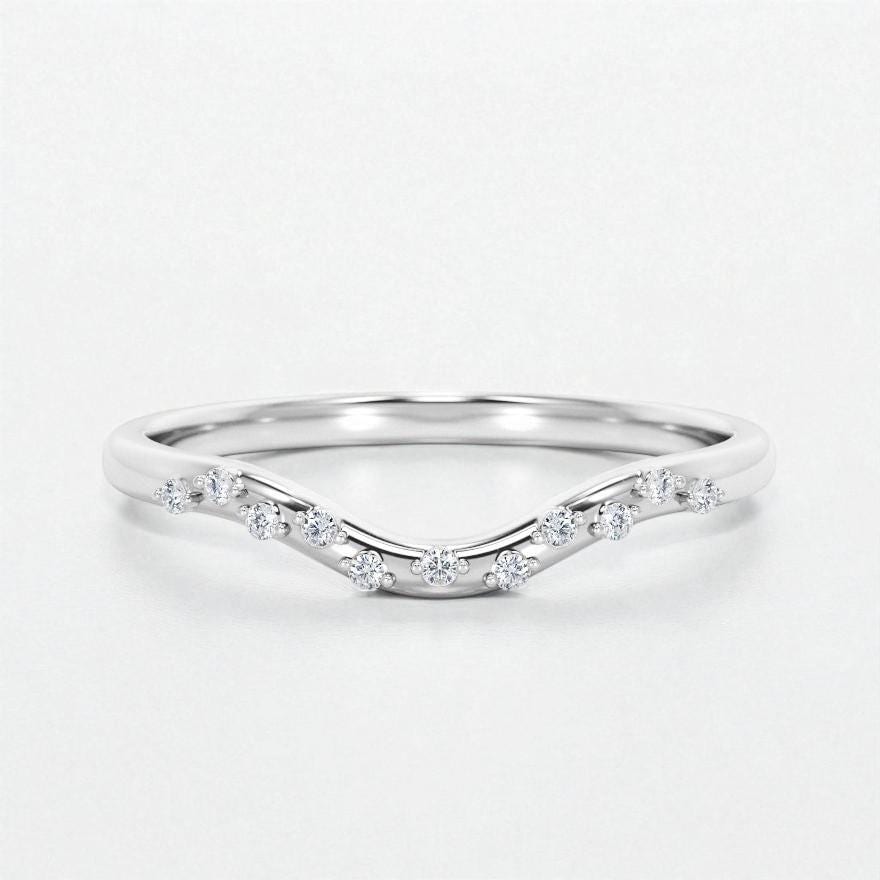 925 Silver CZ Curved Band – Dainty Stacking V Shaped Wedding Anniversary Promise Ring