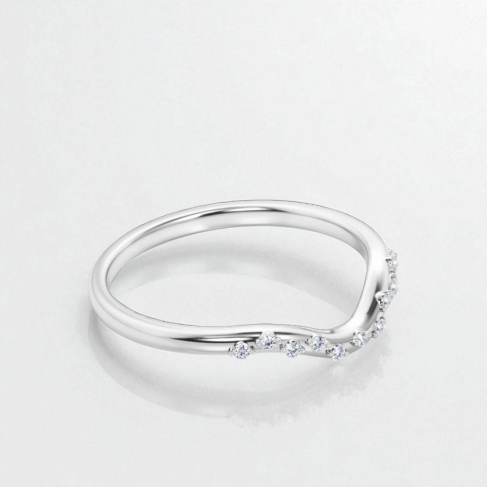 925 Silver CZ Curved Band – Dainty Stacking V Shaped Wedding Anniversary Promise Ring