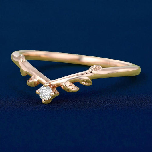 925 Silver  CZ Leaf V Shaped Ring – Dainty Nature Inspired Chevron Stacking Wedding Band