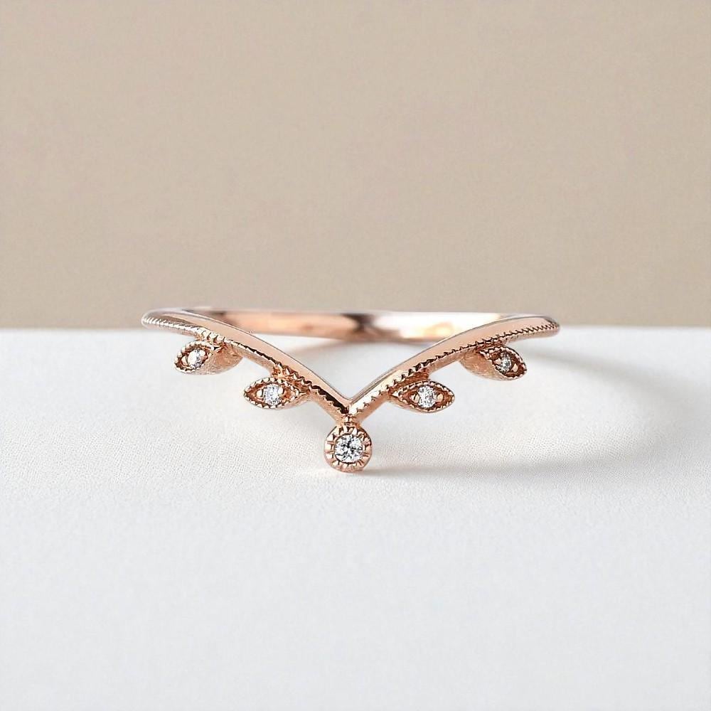 925 Silver CZ Chevron Leaf Ring – Dainty V Shaped Stacking Minimalist Wedding Band