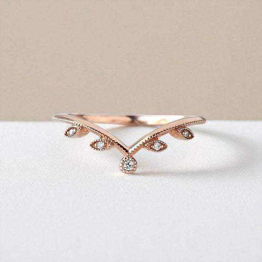 925 Silver CZ Chevron Leaf Ring – Dainty V Shaped Stacking Minimalist Wedding Band
