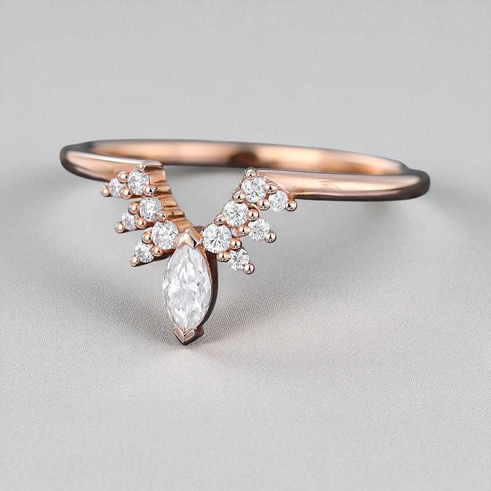 925 Silver  Marquise CZ Chevron Ring – Dainty V Shaped Stacking Wedding Anniversary Band
