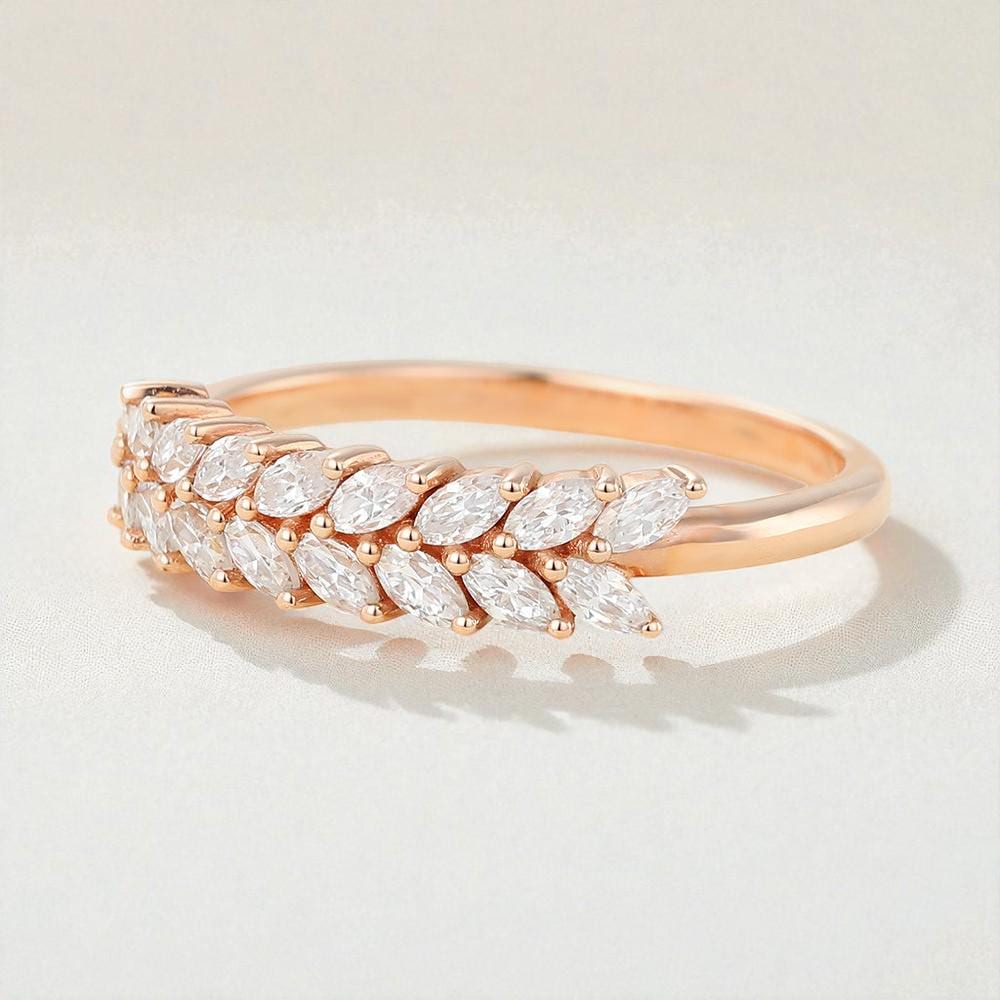 Rose Gold Sterling Silver CZ Leaf Ring - Stackable Band