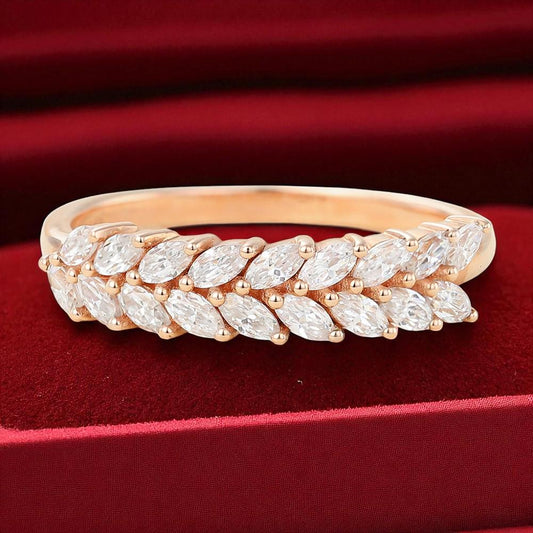 Rose Gold Sterling Silver CZ Leaf Ring - Stackable Band