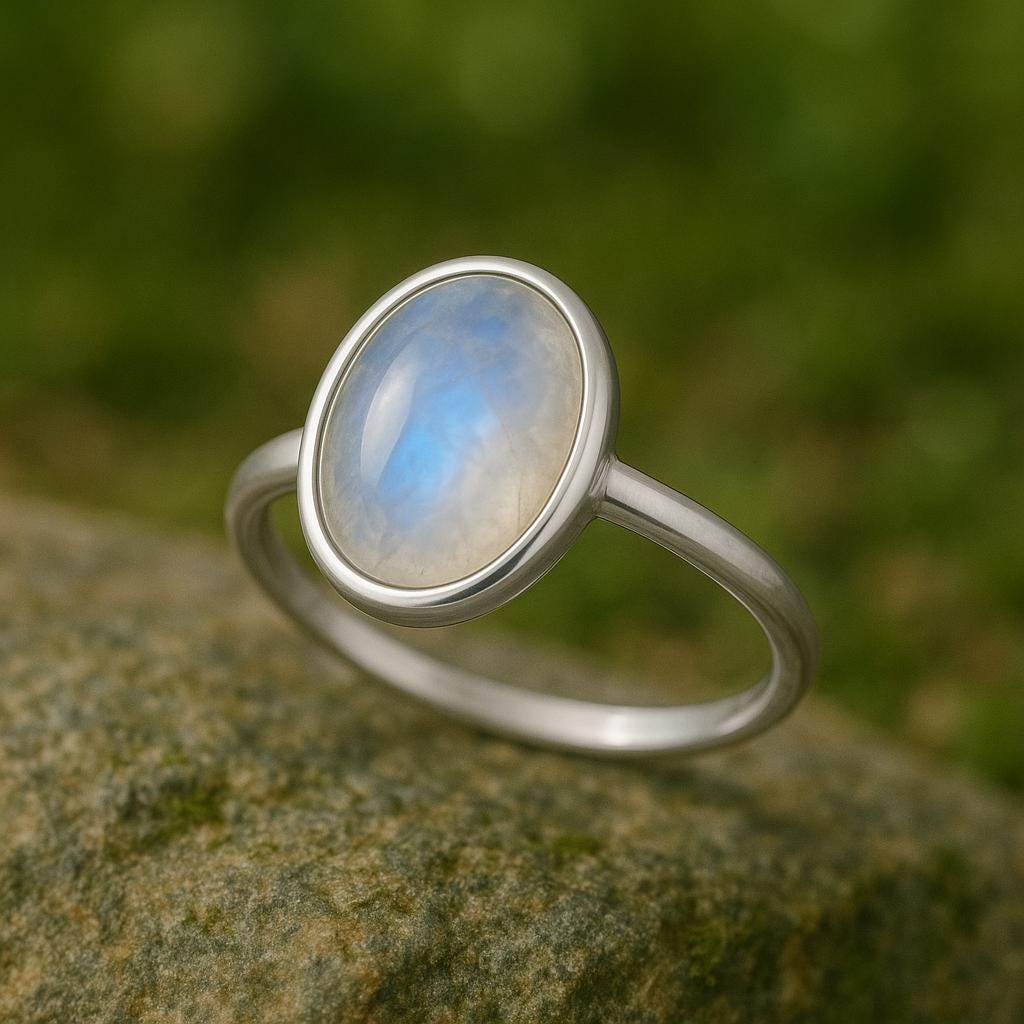 Sterling Silver Moonstone Ring: Oval Cabochon, June Birthstone