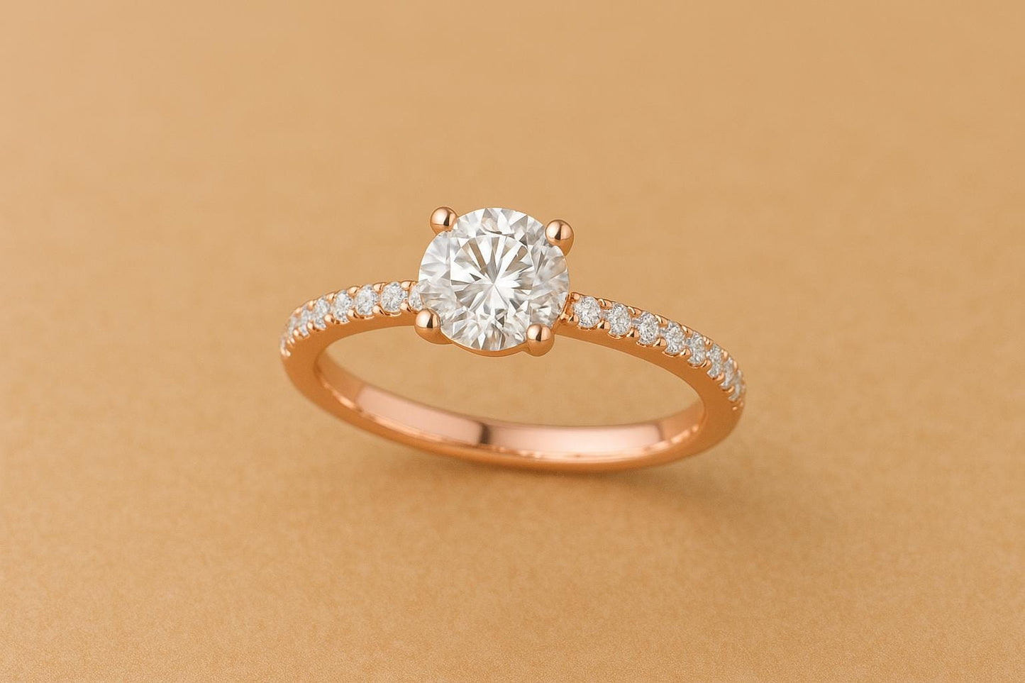 Sterling Silver Round Moissanite Engagement Ring, Pavé Bridal Band