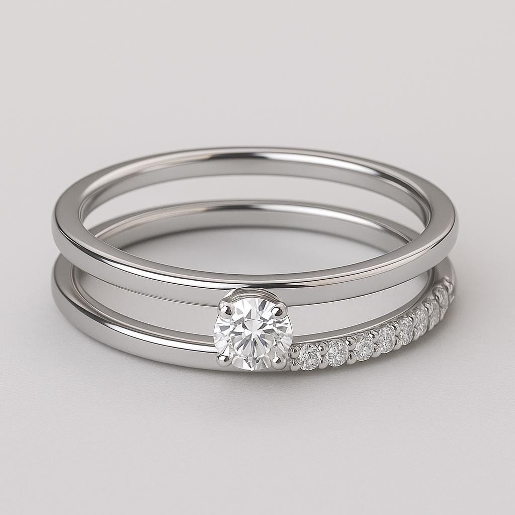 Sterling Silver Moissanite Bridal Ring Set, Pavé Band