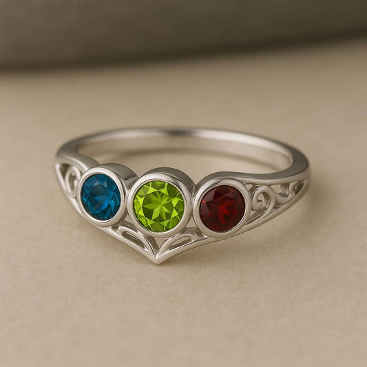 Sterling Silver Heart Ring, London Blue Topaz, Peridot, Garnet, Family Birthstone