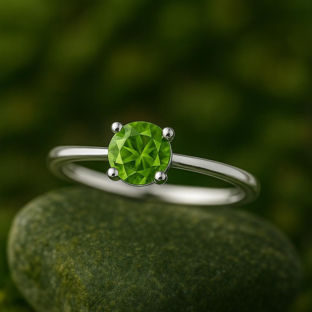 925 Sterling Silver Peridot Ring, Round Cut Solitaire Gemstone Band, August Birthstone Jewelry Gift