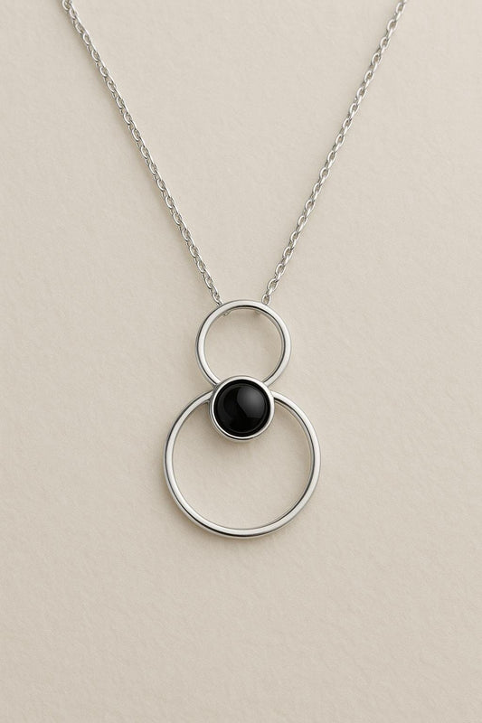 Onyx Silver Pendant 925 | Double Circle Necklace | Modern Minimalist Black Gem Jewelry Gift