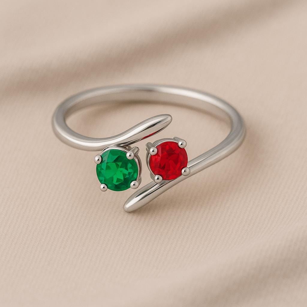 Sterling Silver Bypass Ring: Red & Green CZ, Adjustable Two Stone Design