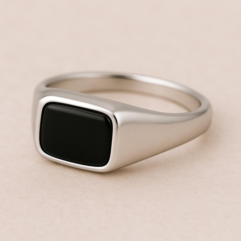 Sterling Silver Onyx Signet Ring: Minimalist Black Stone Bezel