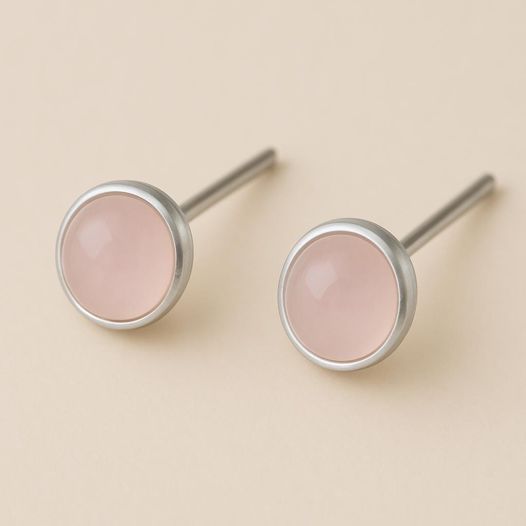 Rose Quartz Stud Earrings: 925 Sterling Silver Bezel Set, 7mm Pink Gemstone