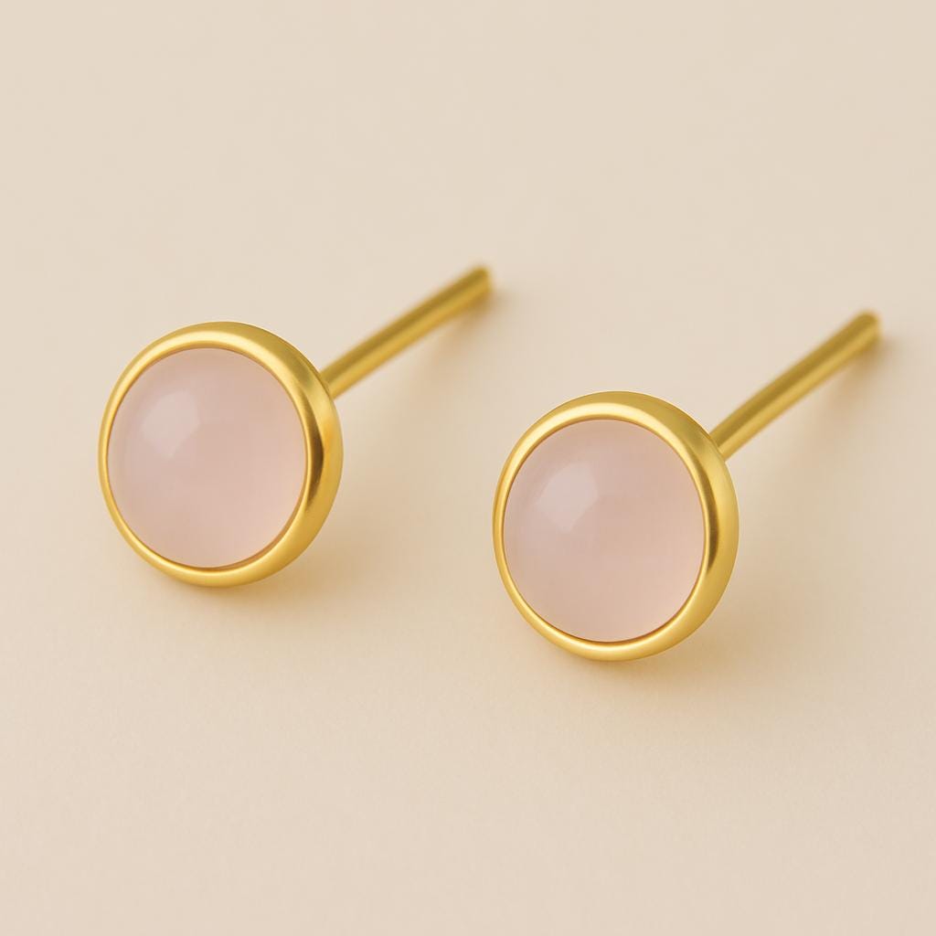 Rose Quartz Stud Earrings: 925 Sterling Silver Bezel Set, 7mm Pink Gemstone