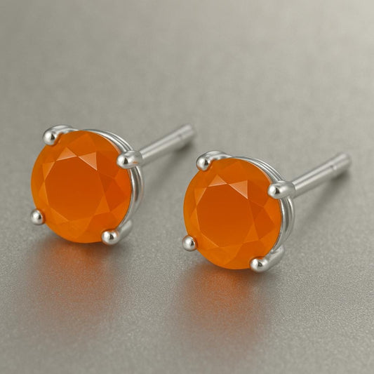 Orange Onyx Stud Earrings 925 Silver | Round Cut Gemstone Solitaire | Sterling Silver Jewelry Gift