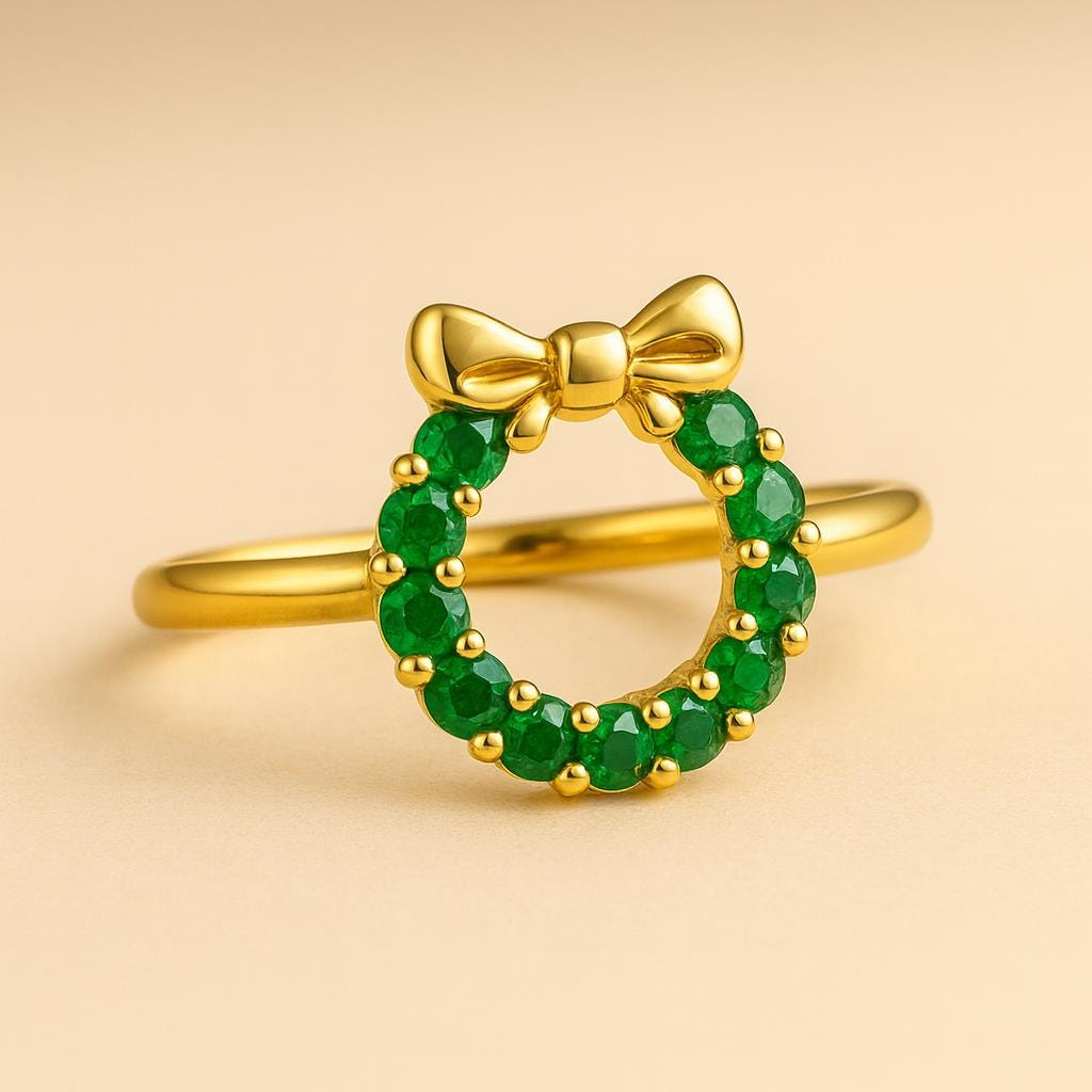 Gold Polished Sterling Silver 925 Christmas Wreath Ring: Green CZ Bow