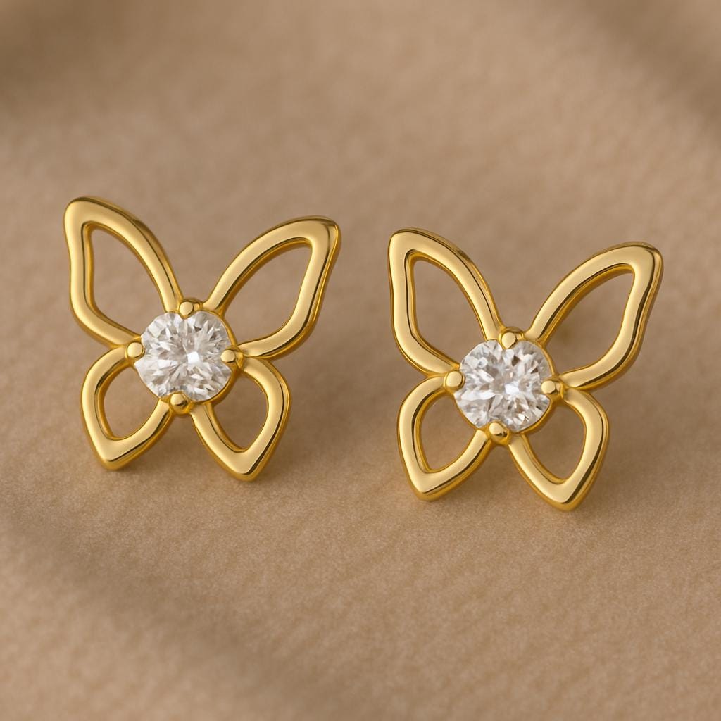 Sterling Silver Butterfly Stud Earrings | CZ Stone, Minimalist Jewelry