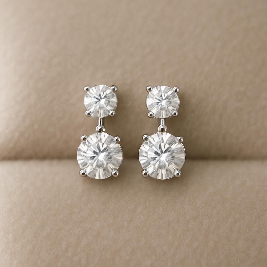 Double CZ Drop Earrings Silver 925 | Dainty Round Stud Dangle Gift