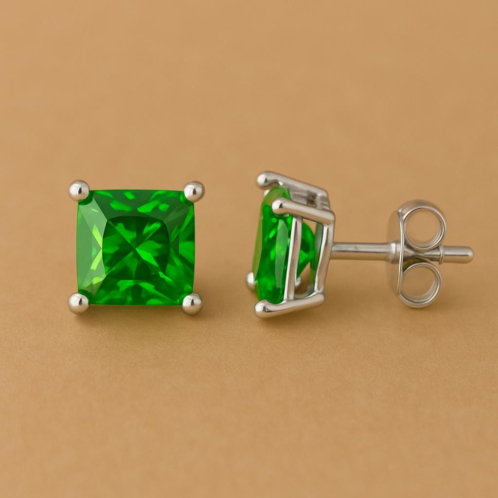 Green CZ Stud Earrings: Sterling Silver Princess Cut Square Studs