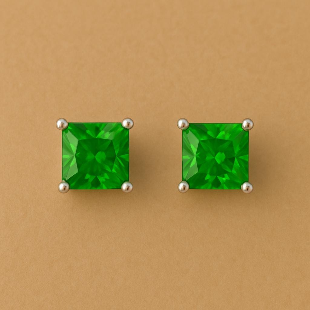 Green CZ Stud Earrings: Sterling Silver Princess Cut Square Studs