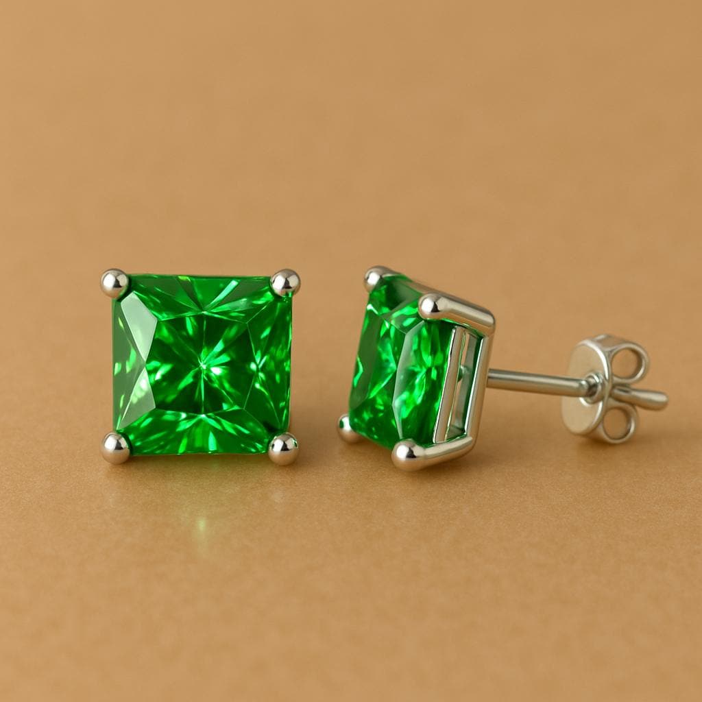 Green CZ Stud Earrings: Sterling Silver Princess Cut Square Studs