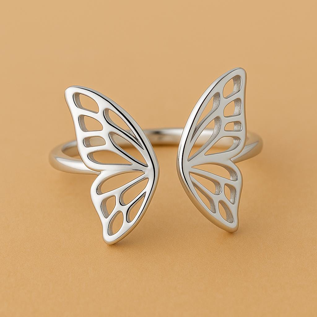 925 Silver Butterfly Wing Ring – Open Design Adjustable Minimalist Jewelry for Women & Girls