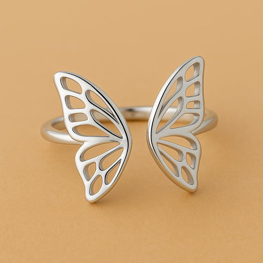 925 Silver Butterfly Wing Ring – Open Design Adjustable Minimalist Jewelry for Women & Girls