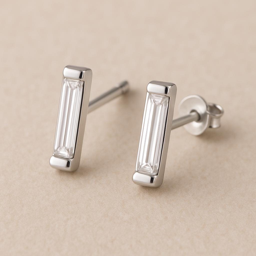 Sterling Silver Baguette CZ Bar Stud Earrings: Dainty Minimalist Jewelry