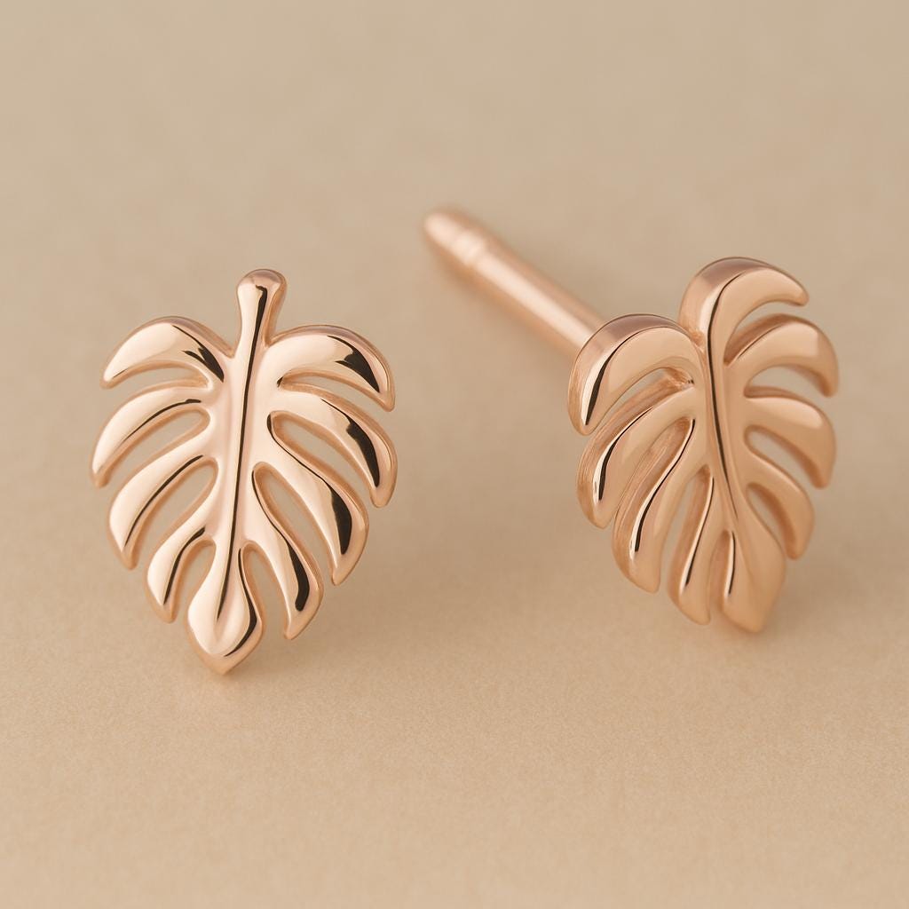 Sterling Silver Monstera Leaf Stud Earrings: Tropical Minimalist Jewelry