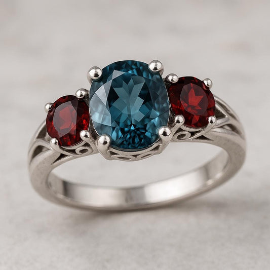 London Blue Topaz Garnet Ring – 925 Silver – Birthstone Jewelry – Gift for He