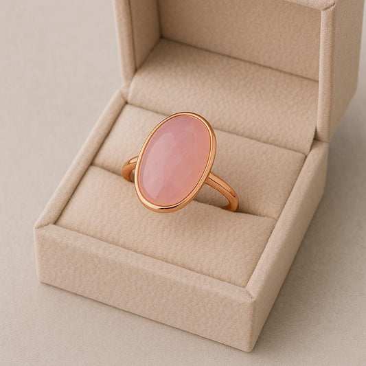 Rose Quartz Oval Ring: Rose Gold Plated 925 Sterling Silver