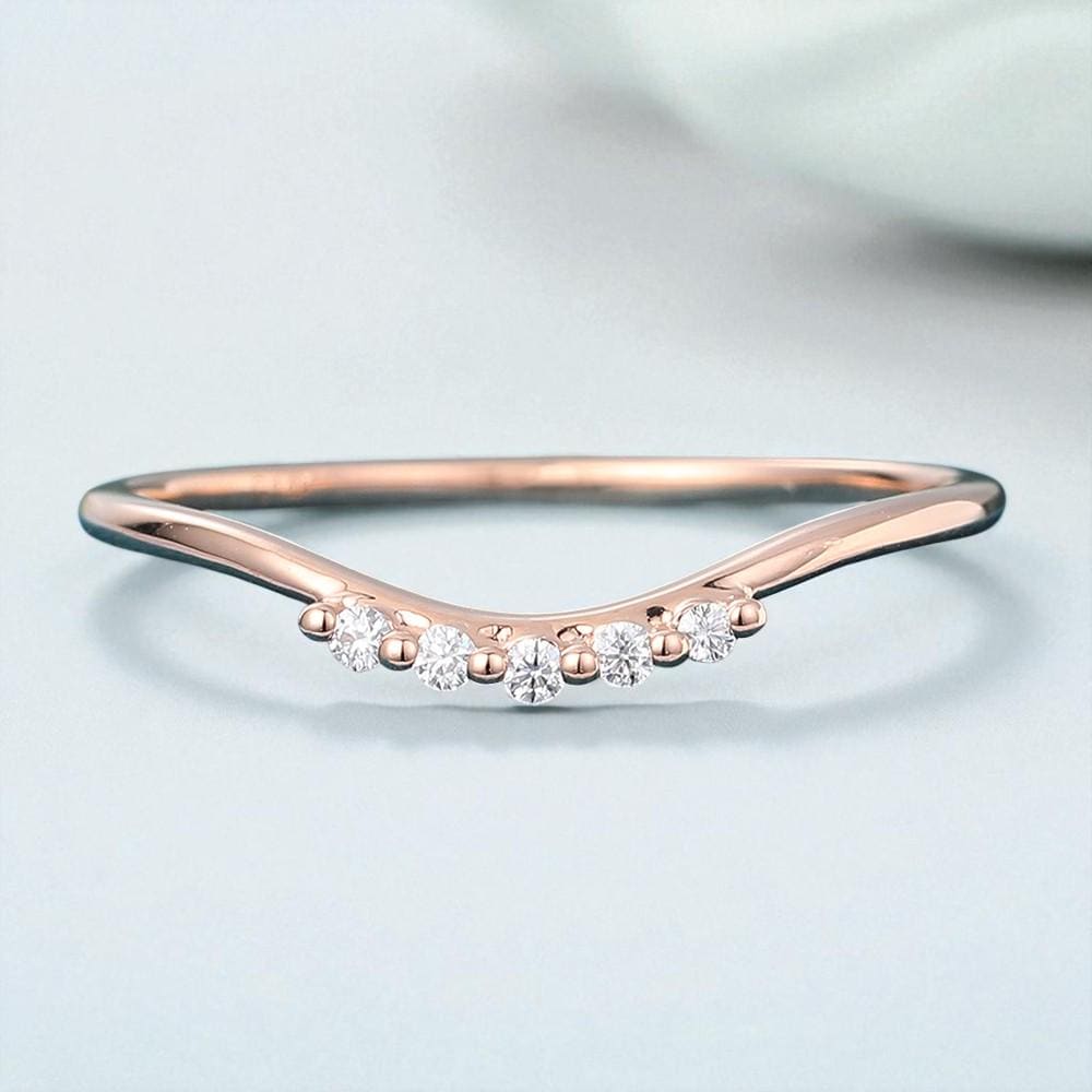 925 Silver Rose Gold V Shaped CZ Band – Dainty Chevron Stacking Wedding Promise Ring