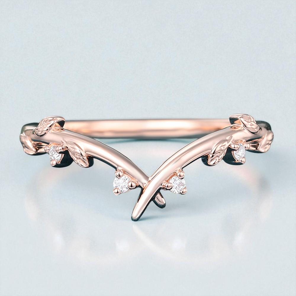 925 Silver  Leaf CZ V Shaped Ring – Dainty Nature Chevron Stacking Wedding Band