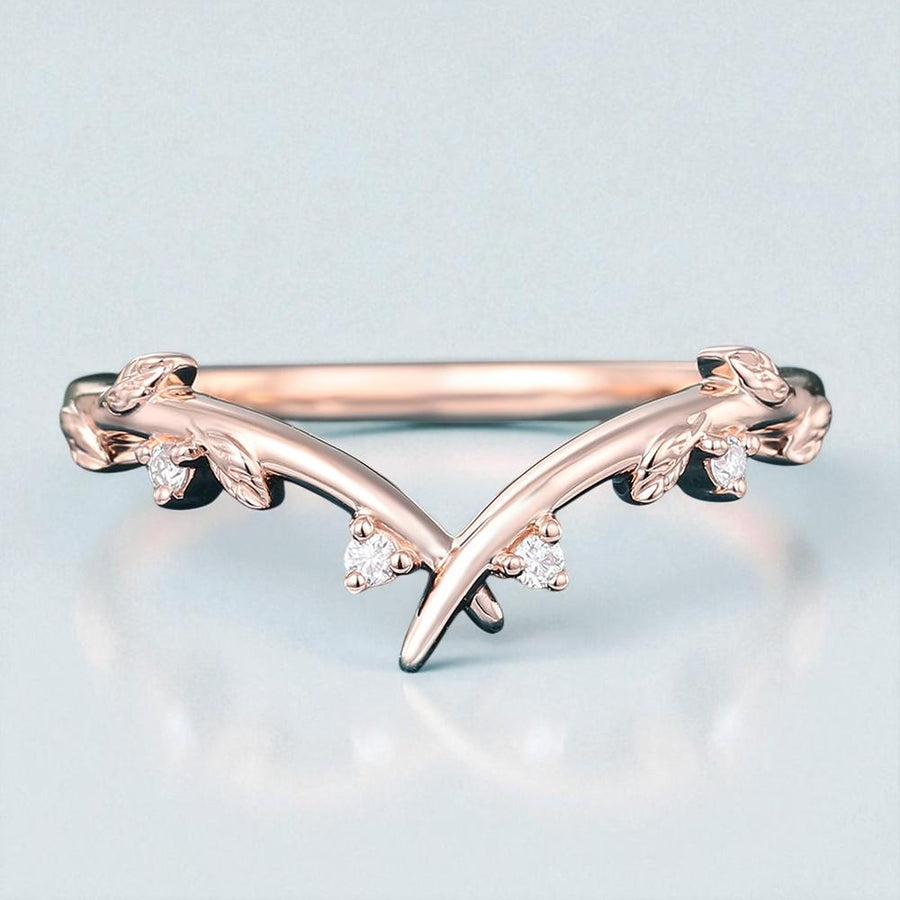925 Silver  Leaf CZ V Shaped Ring – Dainty Nature Chevron Stacking Wedding Band