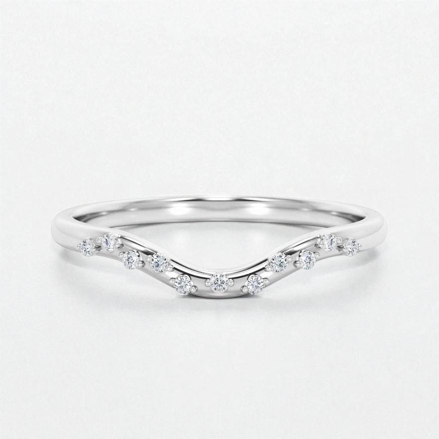 925 Silver CZ Curved Band – Dainty Stacking V Shaped Wedding Anniversary Promise Ring