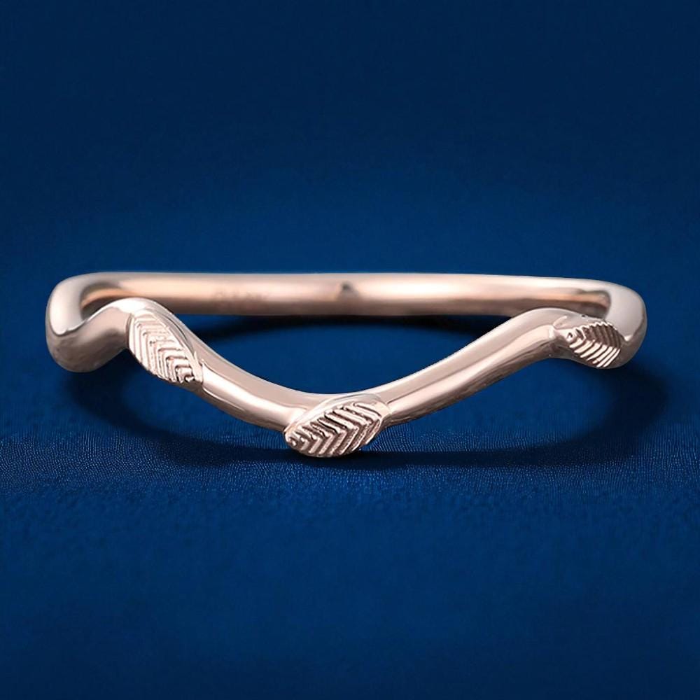 925 Silver  Leaf Band – Dainty Nature Inspired Stacking Chevron Wedding Ring