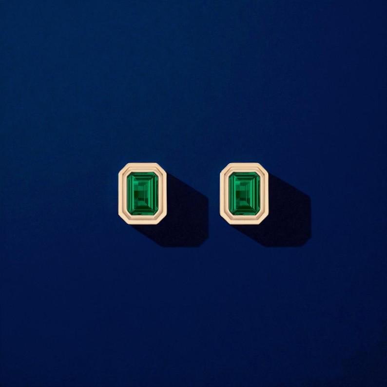 925 Silver Emerald Cut CZ Stud Earrings – Dainty Minimalist Green Stone Jewelry Gift